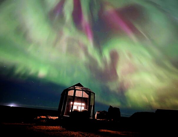 G3 solar storm and aurora at SKyr Retreat Iceland