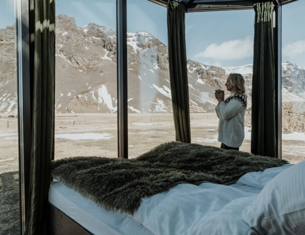 Glass igloo bedroom Icelandic winter
