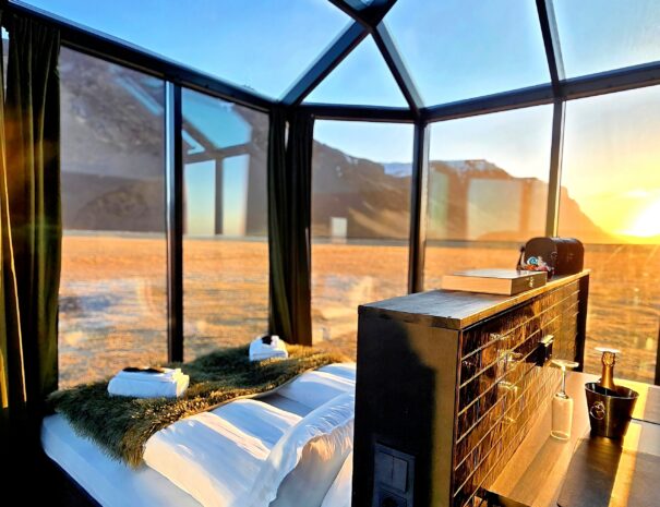 King-size bed in Aurora glass igloo at Sky Retreat Iceland