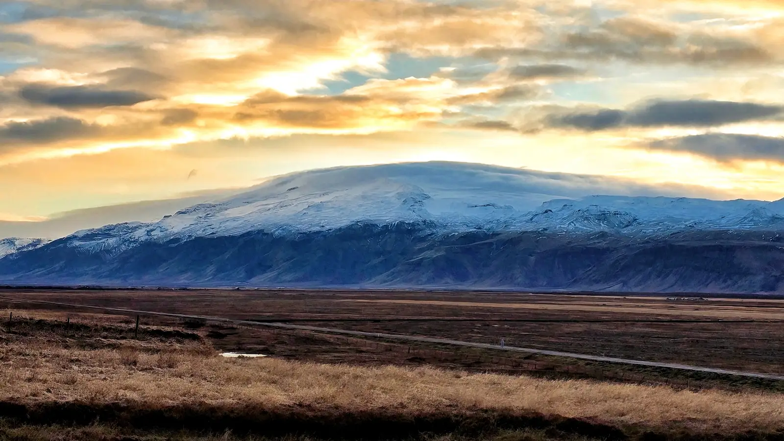 Eyjafjallajokull volcano at sunset South Coast Iceland panoramic view