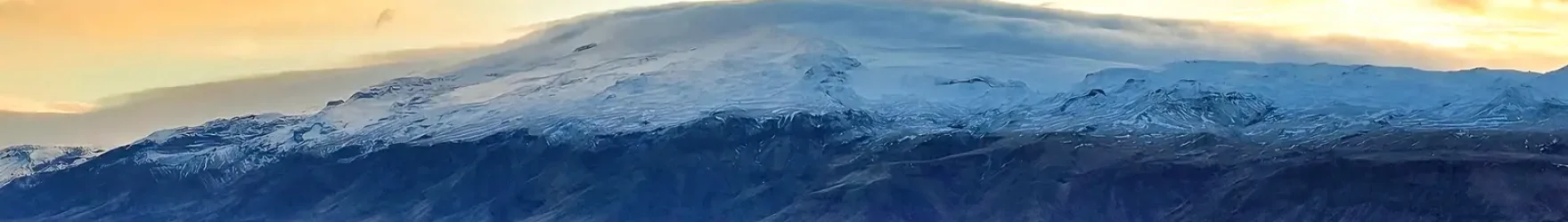Eyjafjallajokull volcano at sunset South Coast Iceland panoramic view